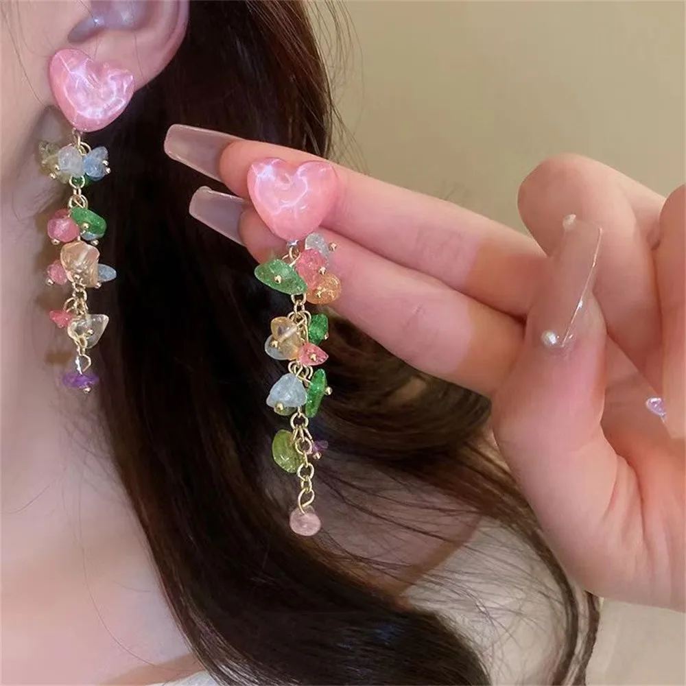 Vintage Pink Peach Heart Tassel Earrings for Women Full Crystal Heart Shape Sparkling Drop Earrings Girl Temperament Jewelry