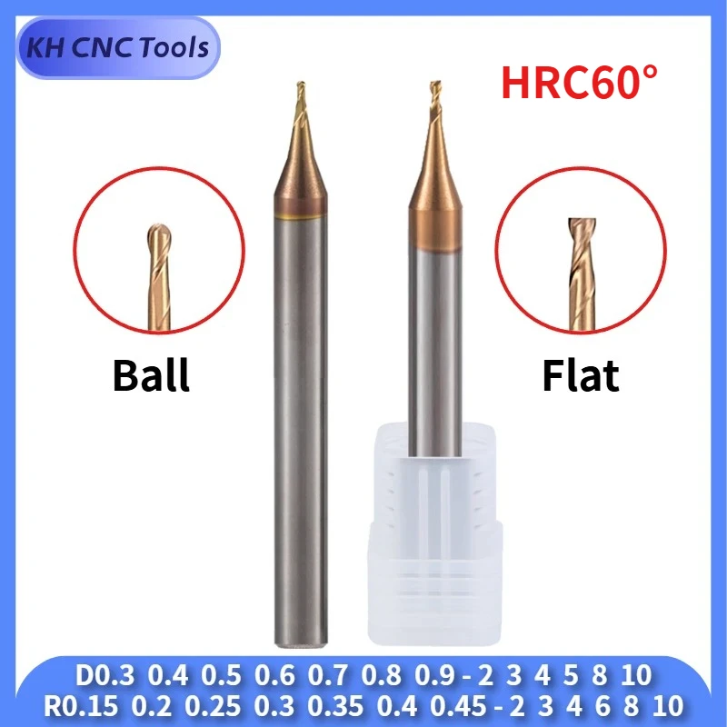 

HRC55 Micro Hard Alloy End Milling Cutter with 2 Flutes, CNC Deep Long Neck Steel, Long Neck Ball Nose D0.3-0.9 R0.15-0.45 Mini