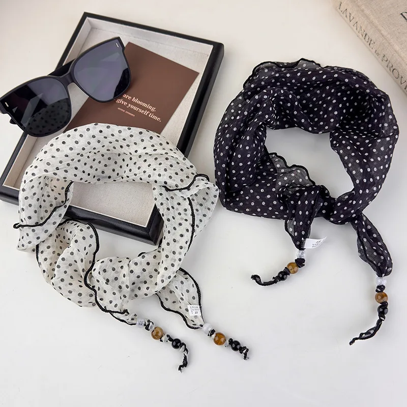 Korean-style black-and-white polka-dot beaded triangular scarf for women—lightweight unique artsy, and versatile neck accessory
