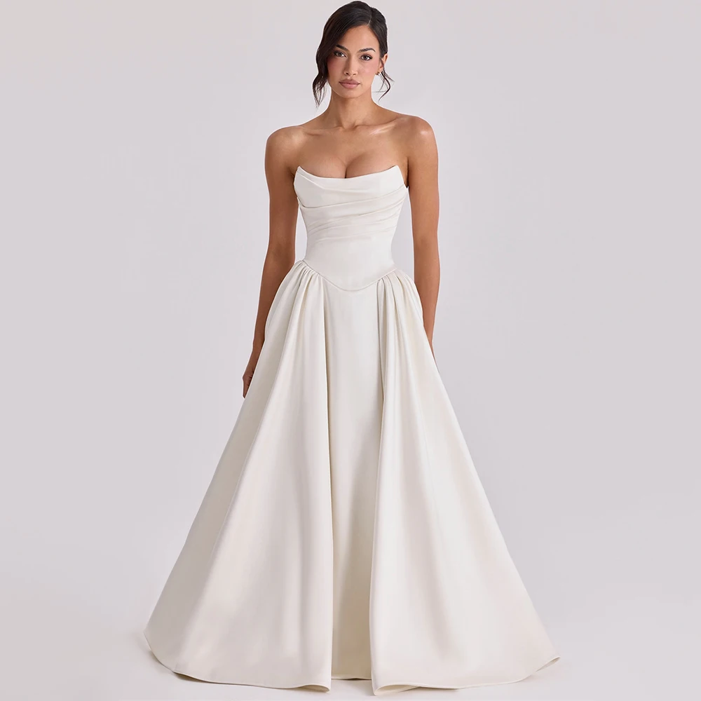 Elegant A Line Wedding Dress Strapless Sleeveless Vestido De Novia Draped Ruched Satin Bride Gowns Luxury Bride Dress Custom