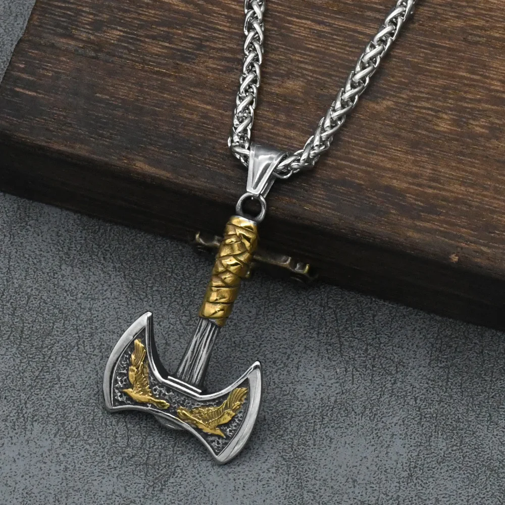 Odin Raven Double Axe Vintage Viking Pendant Stainless Steel Celt Knot Necklace Men\'s Scandinavian Jewelry Gift