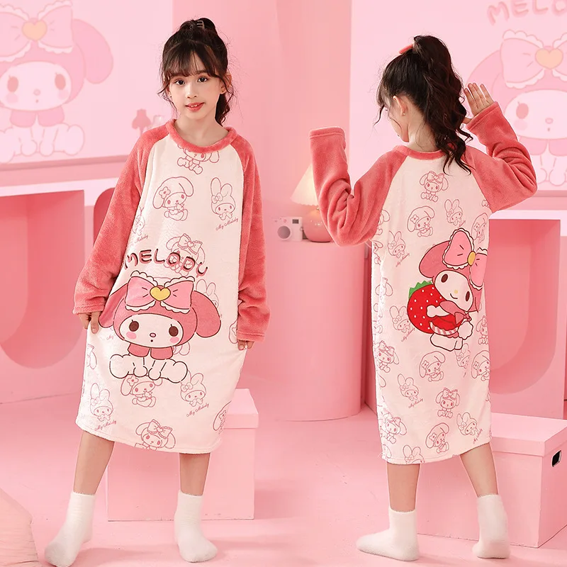 

Kawaii Sanrio Peripherals My Melody Kuromi Cinnamoroll Winter Girls Flannel Nightgown Long Sleeve Velvet Thickened Home Clothes