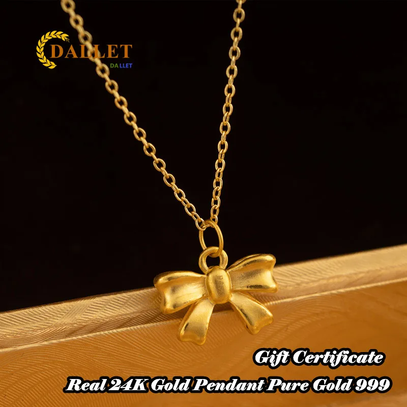 

DALLET 999 Pure Gold Real Gold Necklace For Women 24k Gold Bow Pendant Party Original Jewelry God Christmas Gift Free Shipping