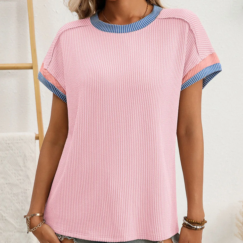Casual Fashion Top Round-neck Women's Tee L Lake Green Breathable Casual T-shirt Slightly Elastic Socket Closure Top