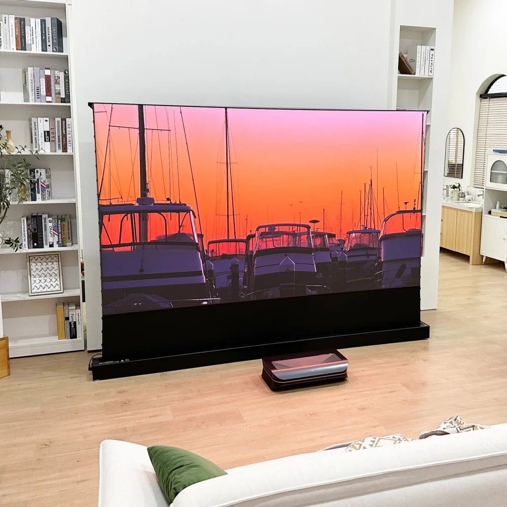 Floor Rising Motorized UST CLR Screen Anti Ambient Light with Perforated Acoustically Transparent Black Edge for 4K 8K Projector