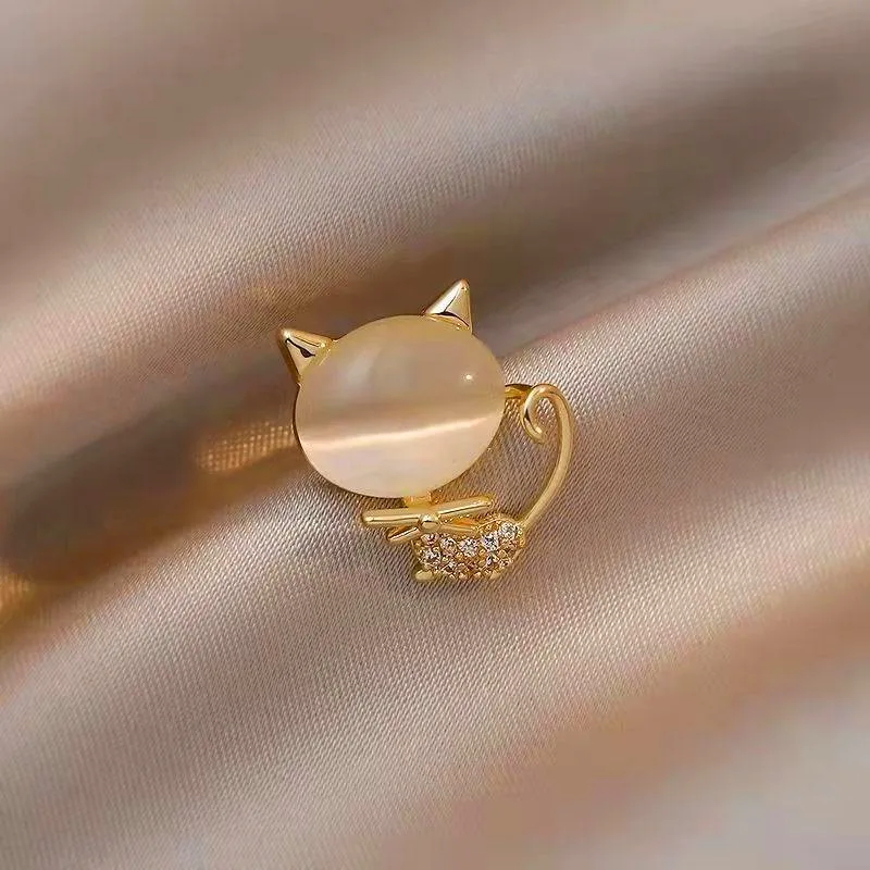 Cute Cat Brooches Temperament Opal Brooch Pin Chic Crystal Lapel Pin Collar Button Party Dress Suit Women Protection Buckle