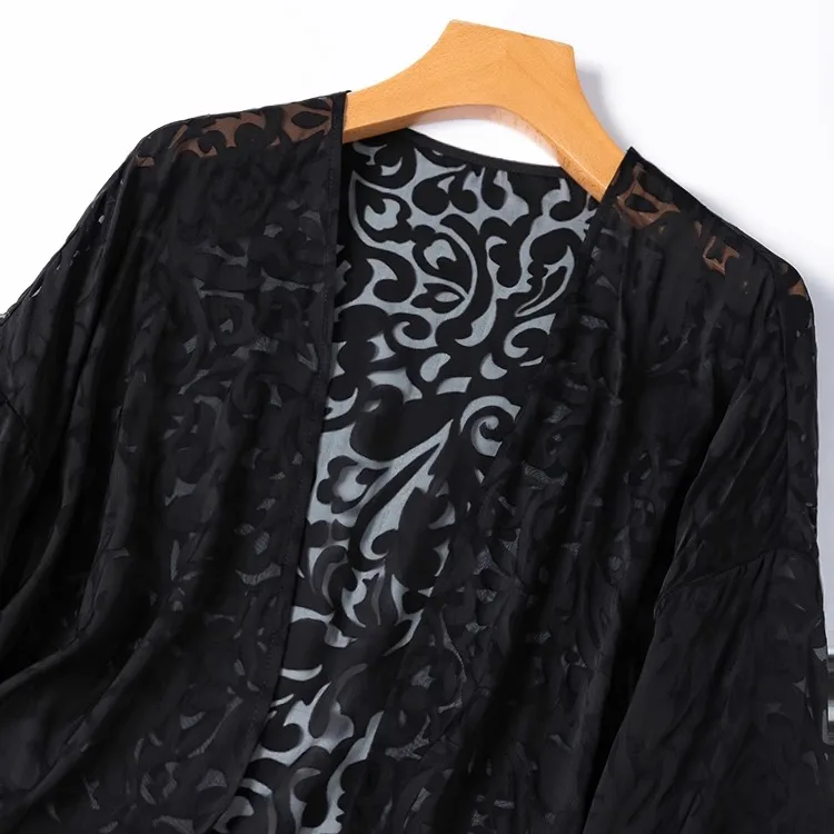 Versatile Natural Mulberry Silk Flower Cutting Silk Semi Transparent Sunscreen Shawl Lantern Sleeves Black Jacket