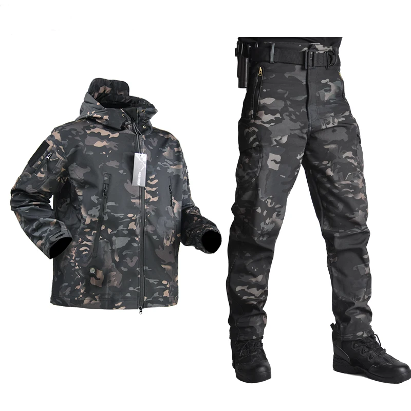 

HAN WILD Soft Shell Tactical Suit Fleece Jackets and Pants Men Outdoor Waterproof Hiking Clothes Camouflage Army Military Sports