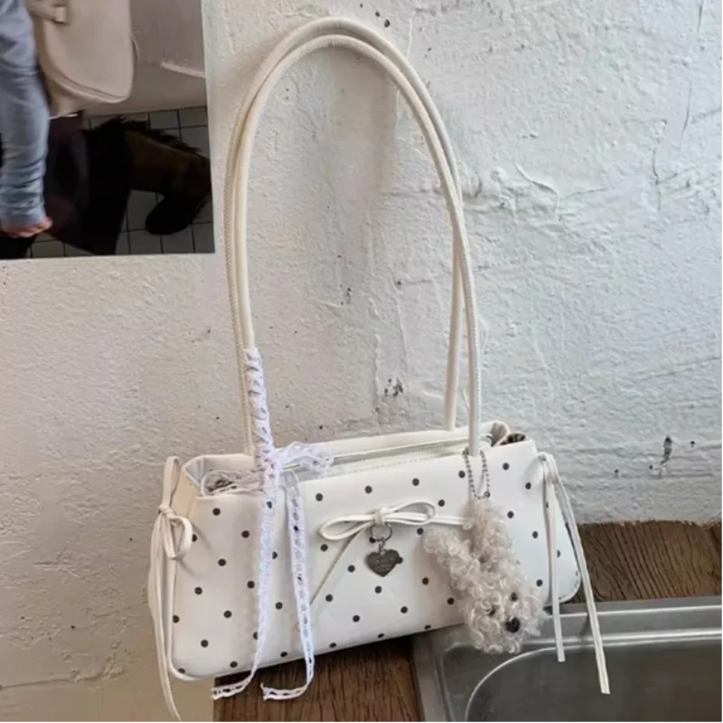 

Korean Style Polka Dot Shoulder Bag Cute Lace Trim Handbag Y2k Underarm Bag Lightweight Design Women Casual Commute Shoulder Bag