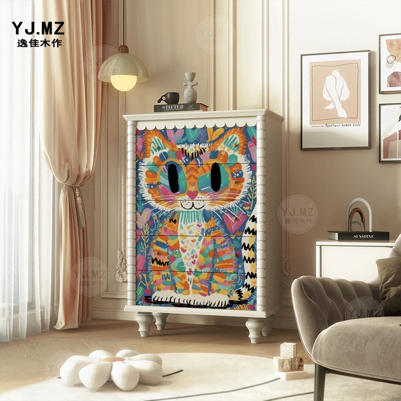 Nordic children's fun kitten chest dopamine solid wood decorative cabinet living room drawer storage cabinet