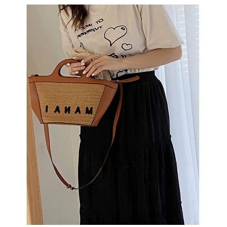 Luxury Straw Basket Bag Women Handbags Splicing Letter Shoulder Crossbody Bag Bohemian Rattan Bags for Women 2024 Designer Bags