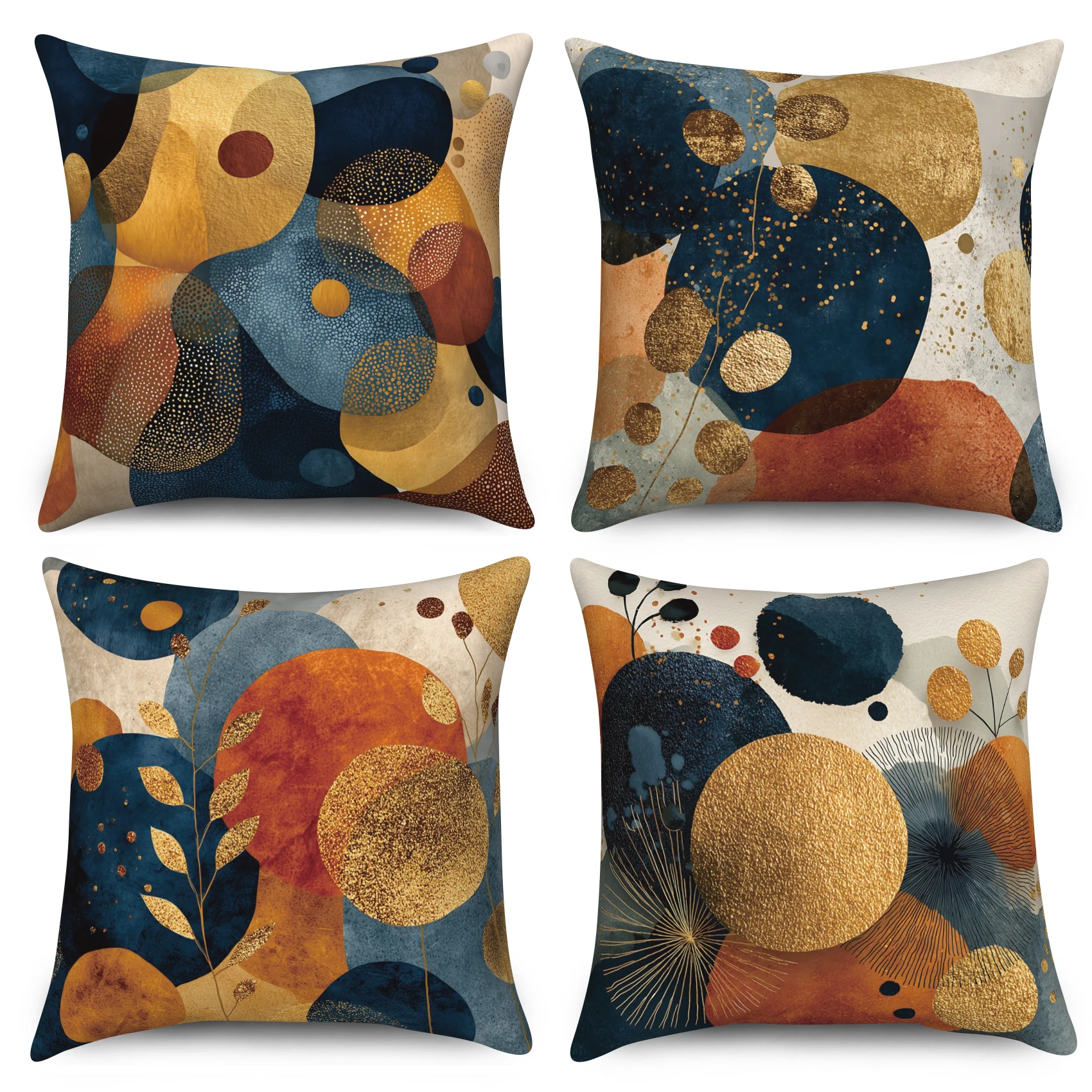 4Pcs Abstract Geometric Throw Pillow Covers Boho Mid Century ModernPolyester Linen Cushion Cases with Gold Accent for Home Decor