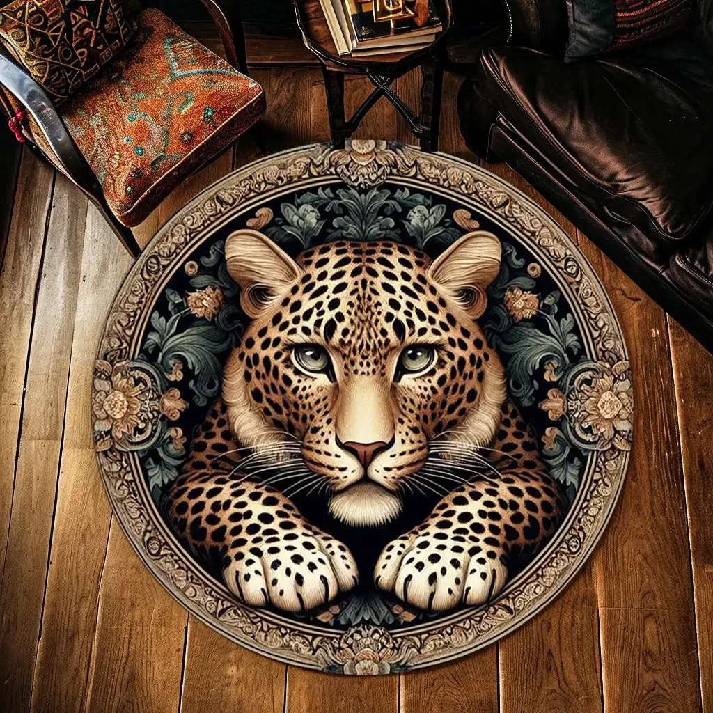 Round Decorative Throw Rug Cushion Mat Safari Animal Print Jungle Style Home Decor Accent Rug for Living Room