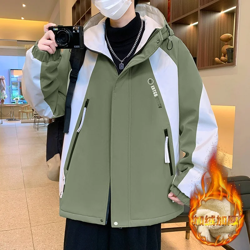 Added fleece storm jacket, autumn and winter with fleece thickening fashion trend youth hooded jacket, men's 2024 loose port win