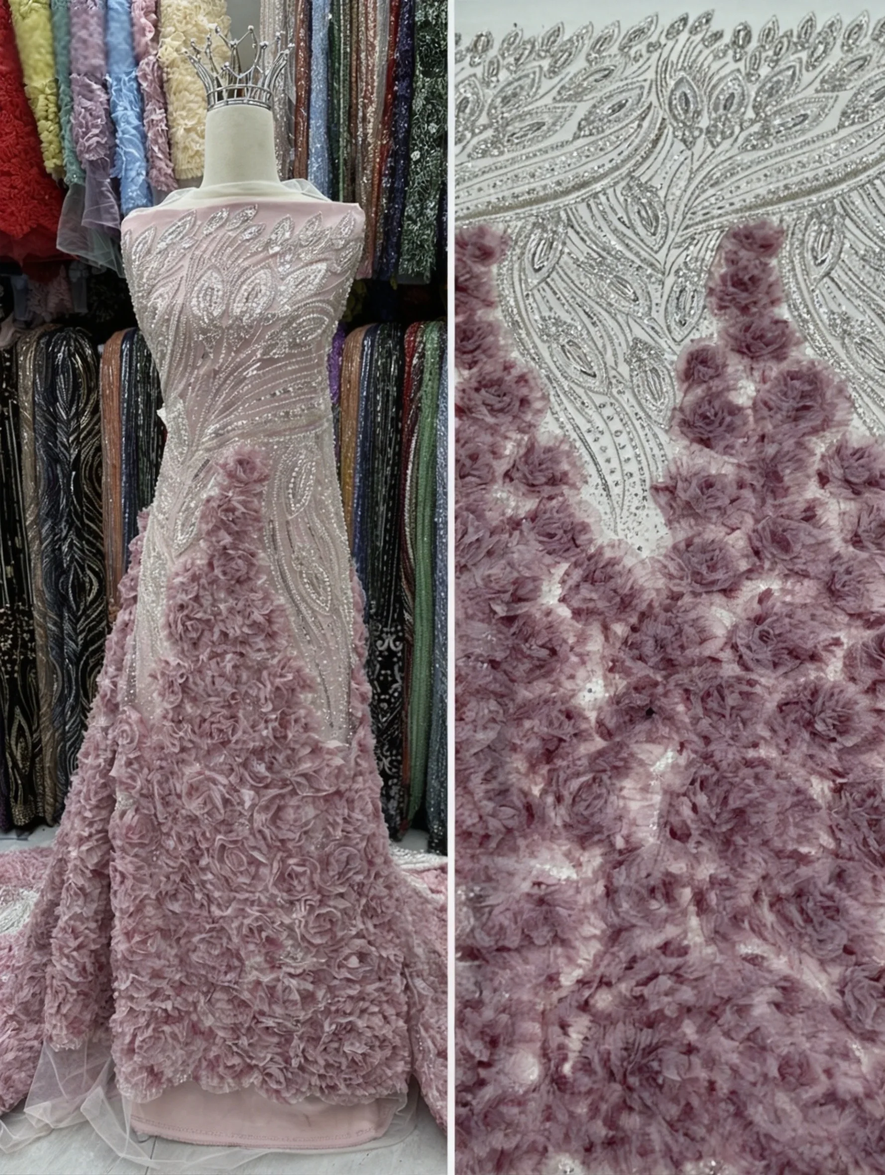 

Hot Sale Popular Designs Fashion African Hand Made Flower Beaded Net Lace with Sequins 2026 French Fabric Net Lace Evening Dress