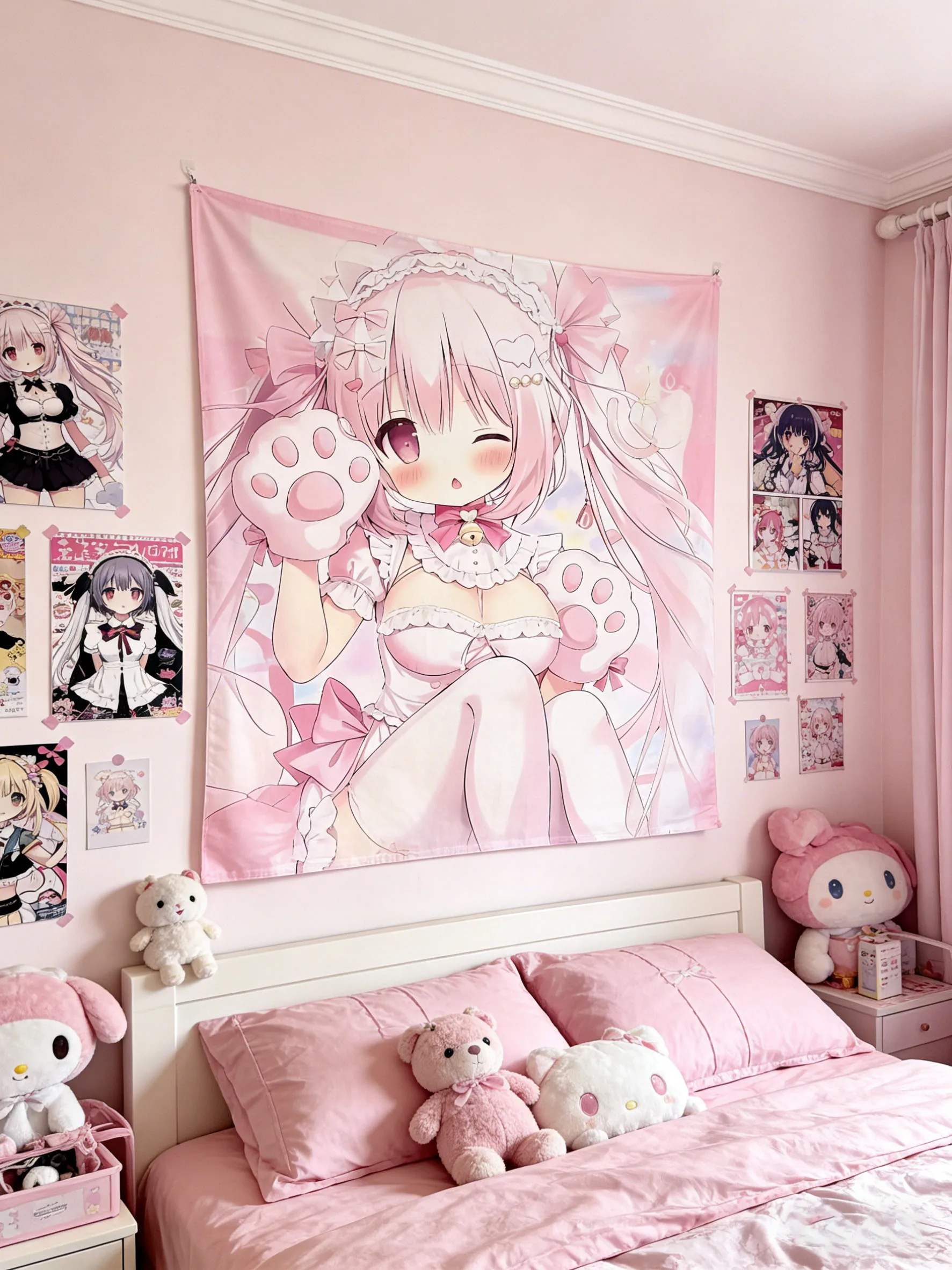Wandteppich im Bohemian-Stil, rosa Mädchen-Anime-Wandteppich, schöner Wandteppich, Geburtstagsparty-Wandteppich, ästhetische Wanddekoration für Wohnheime