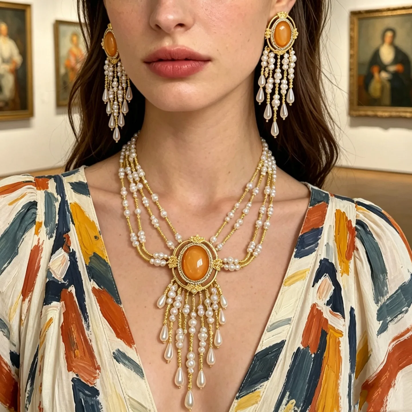 Multi-layer pearl crystal beaded necklace earrings set niche design high sense yellow light luxury sweater chain women