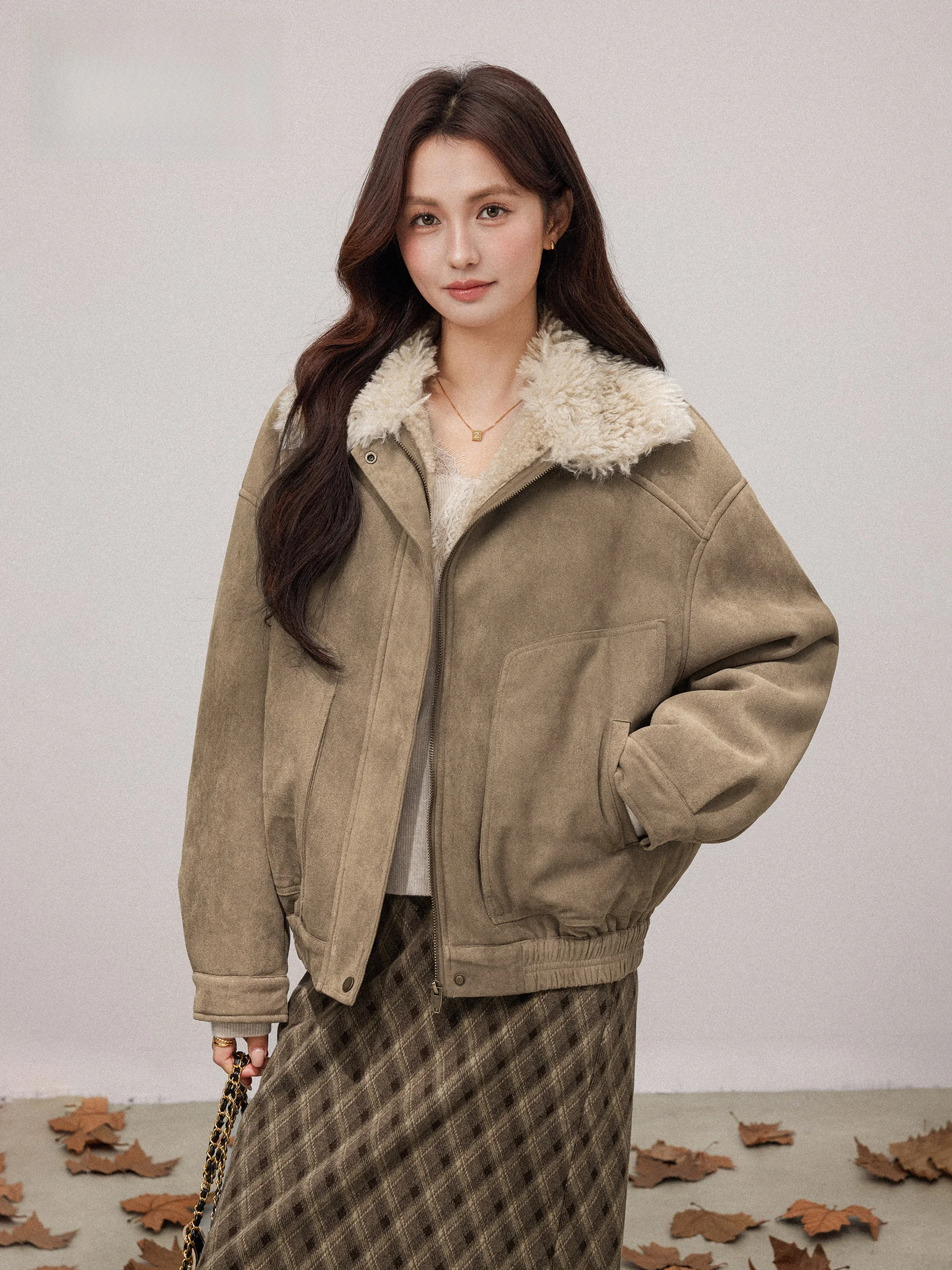 

Женское замшевое пальто с меховым воротником, тонкое теплое свободное повседневное длинное пальто на молнии с застежкой-молнией, однотонное повседневное пальто