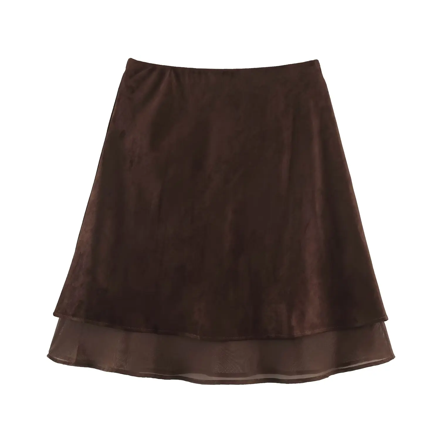 2026 Women's Elegant A-line Brown Suede Mid-length Slim Fit Midi Skirts Lady Vintage Faux Leather Chiffon Design Street Skirt