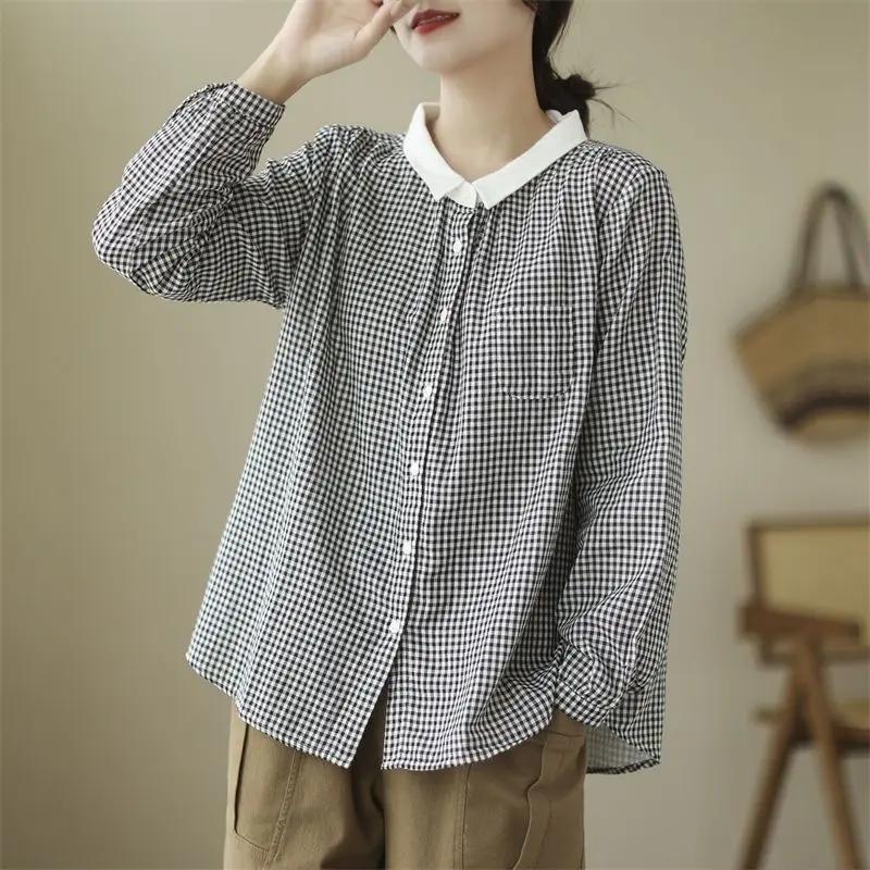 Women Clothing 2024 Trendy Vintage Plaid Print Patchwork Shirt Simple Casual Chic Loose Blouse Long Sleeve Irregular Cotton Tops