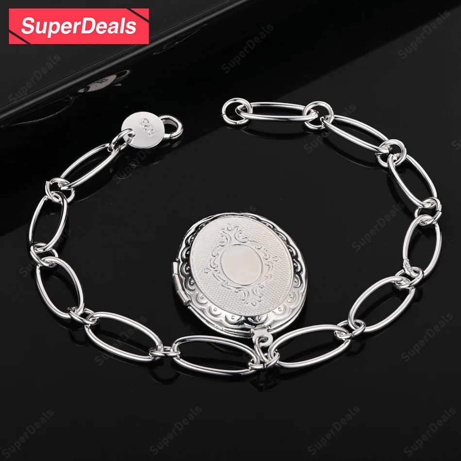 

SuperDeals Retro Oval Photo Frame Pendant Chain 925 Sterling Silver Bracelet Women High Jewelry Wedding Party Gift Accessories
