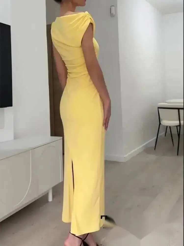 Vintage Casual Women Dress Yellow Solid O-Neck Sleeveless Asymmetrical Straight Vestidos Fashion 2025 Spring Summer Dress XWJ7