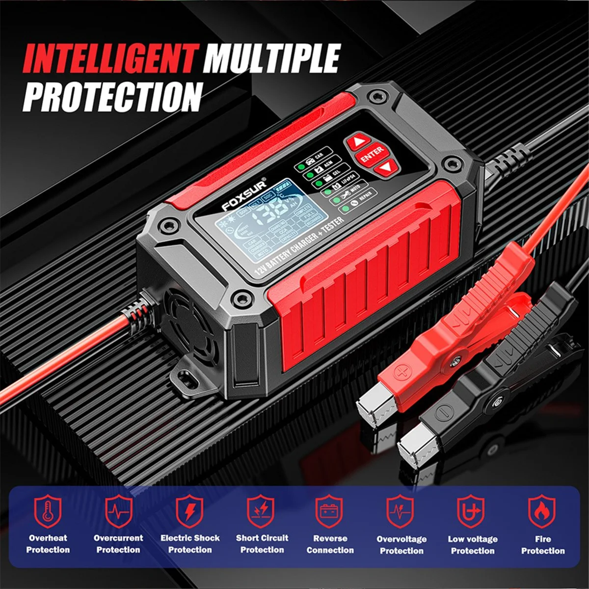 HHTL  2 in 1Smart Car Battery Charger Tester, 12V Car Motorcycle Lead Acid Deep Cycle LiFePo4 Smart Battery Charger EU Plug