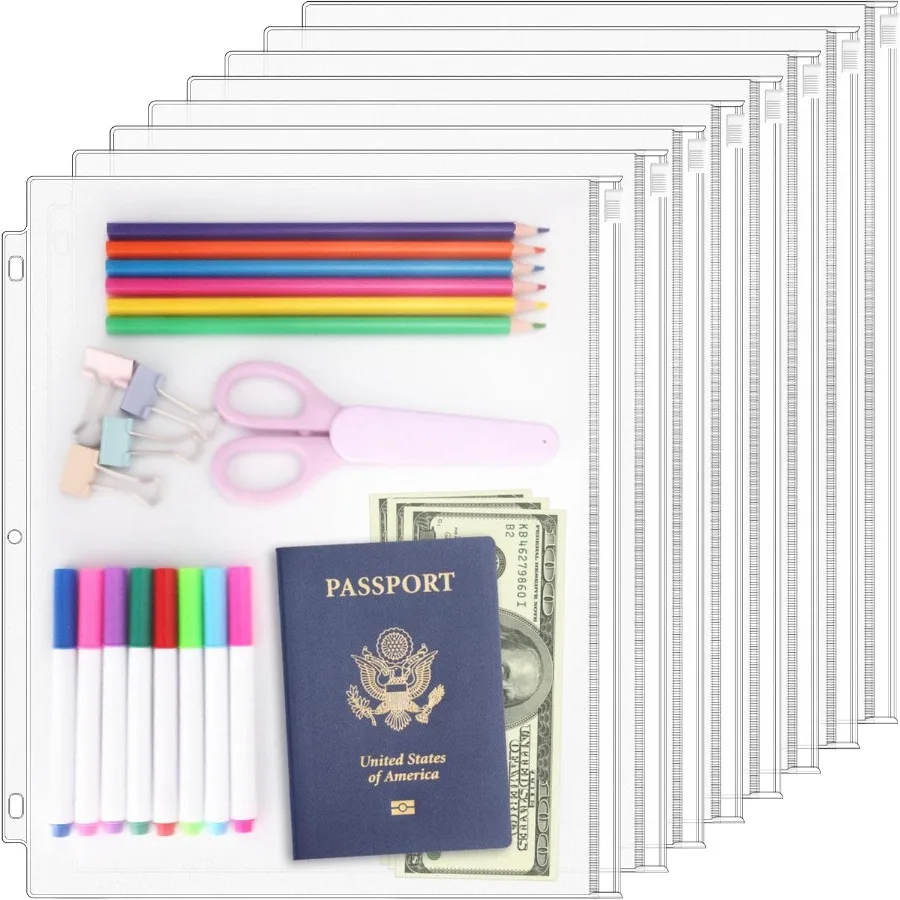 

8 Pack Clear Letter Size Binder Pockets 3 Ring Binder Zipper Pouch Document Organizer Waterproof PVC 3Hole Loose Leaf File Bags