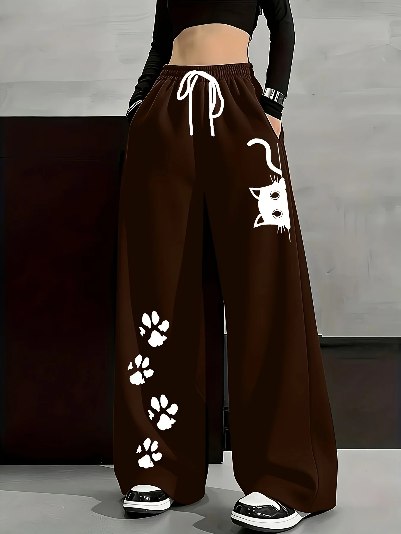 2026 Summer Kids Quick Dry Loose Pants Brown White Cat & Paw Print Drawstring Elastic Waist Casual Fashion Streetwear Trousers