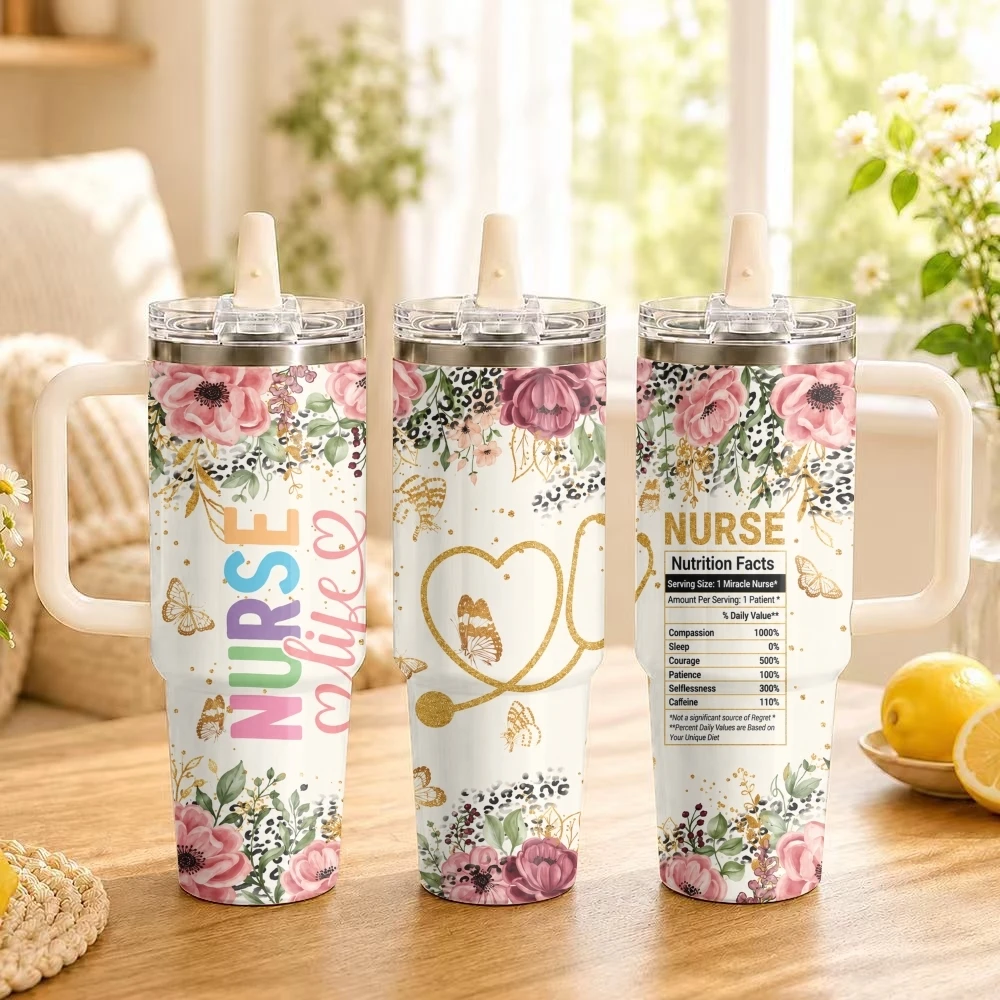 Flowers for Nurses Vacuum Flasks 40oz Thermal Tumbler with Handle Stainless Steel Vacuum Insulated Leak Proof Travel Mug