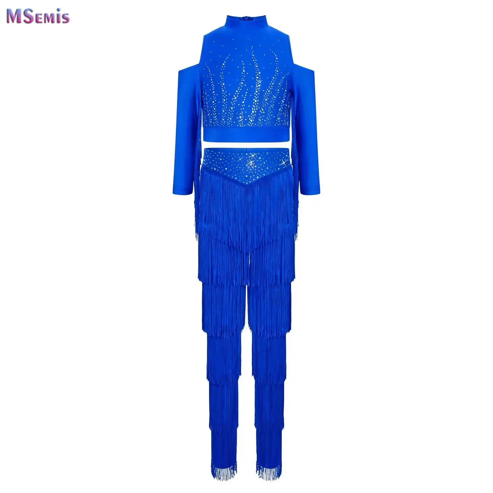 

Children Professional Latin Dance Dress for Girls Tassel Costumes Kid Shiny Rhinestones Fringe Crop Top&Pants Ballroom Dancing