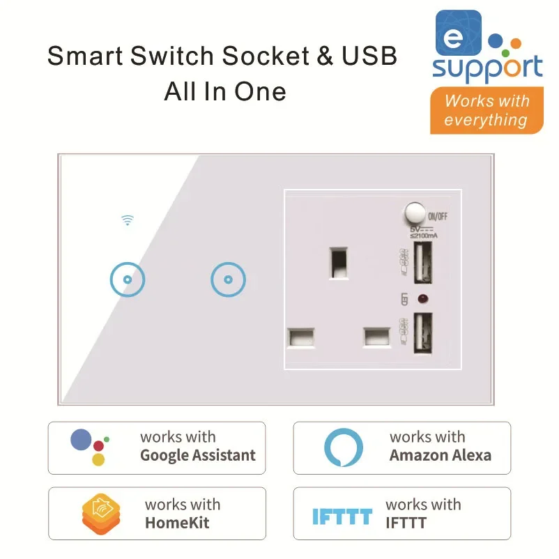 USB 2.1A WiFi UK Standard Single Live Wire Smart Light Touch Switch Socket Tempered Glass Panel 1 2 3 Gang Work With APP