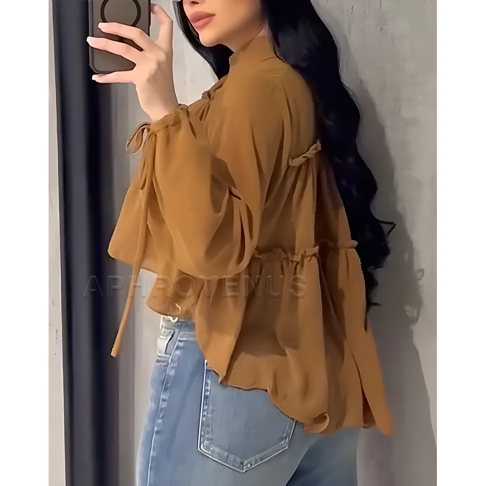 Women's Flowy Chiffon Shirt Long Sleeve Ruffle Detail Loose Fit Blouse Casual Everyday Tops for Women  Spring Autumn