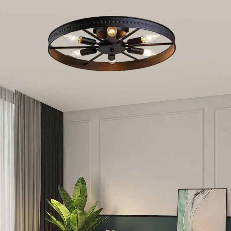 

Amercian Round Ceiling Lamp Industrial Light Design Kitchen Living Room Bedroom Lighting Fixture E14 Vintage Iron Ceiling Light