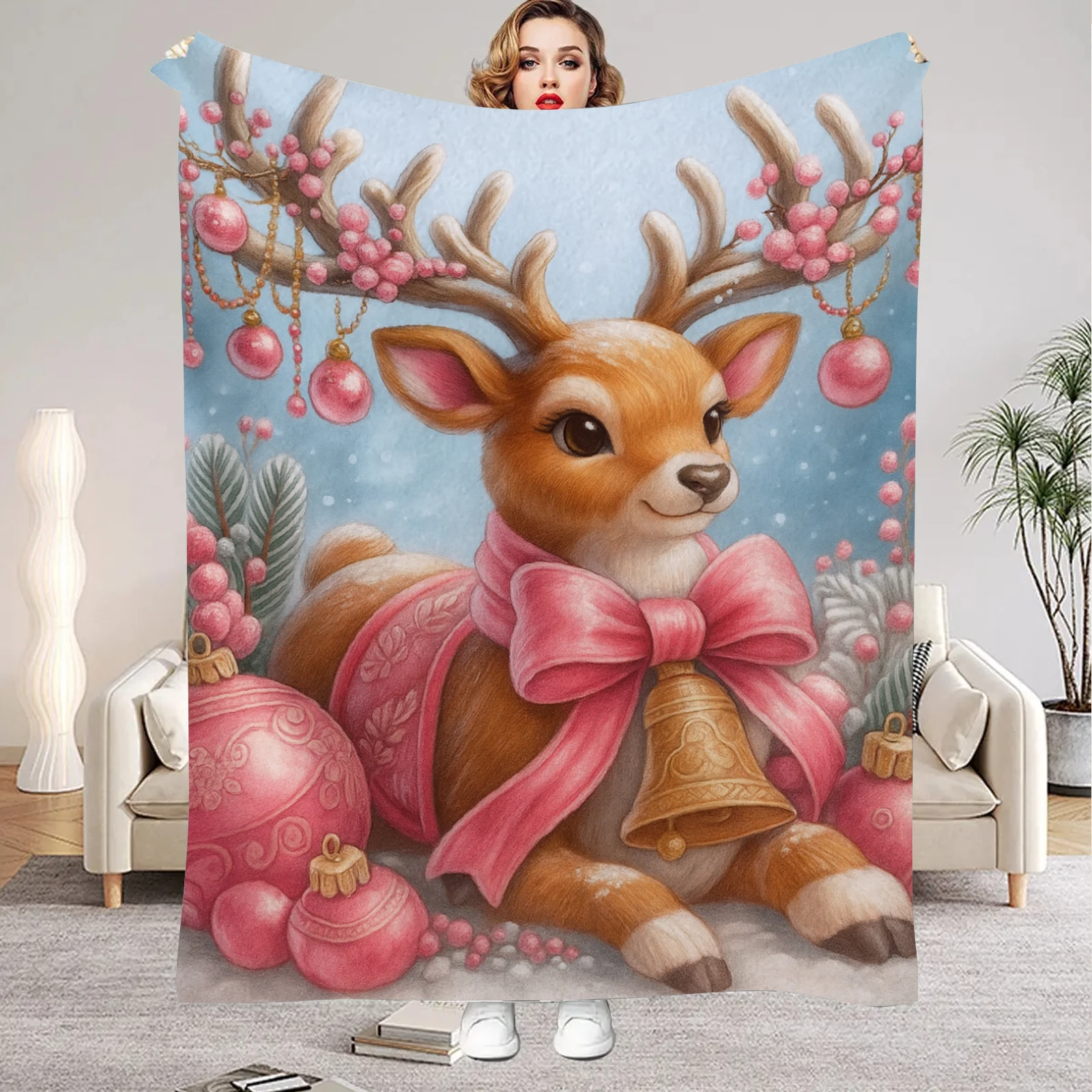 Christmas Blanket Bows and Little Deer Suitable for Sofa Beds, Office Outdoor Applicable in All Seasons Comfortable and Warm
