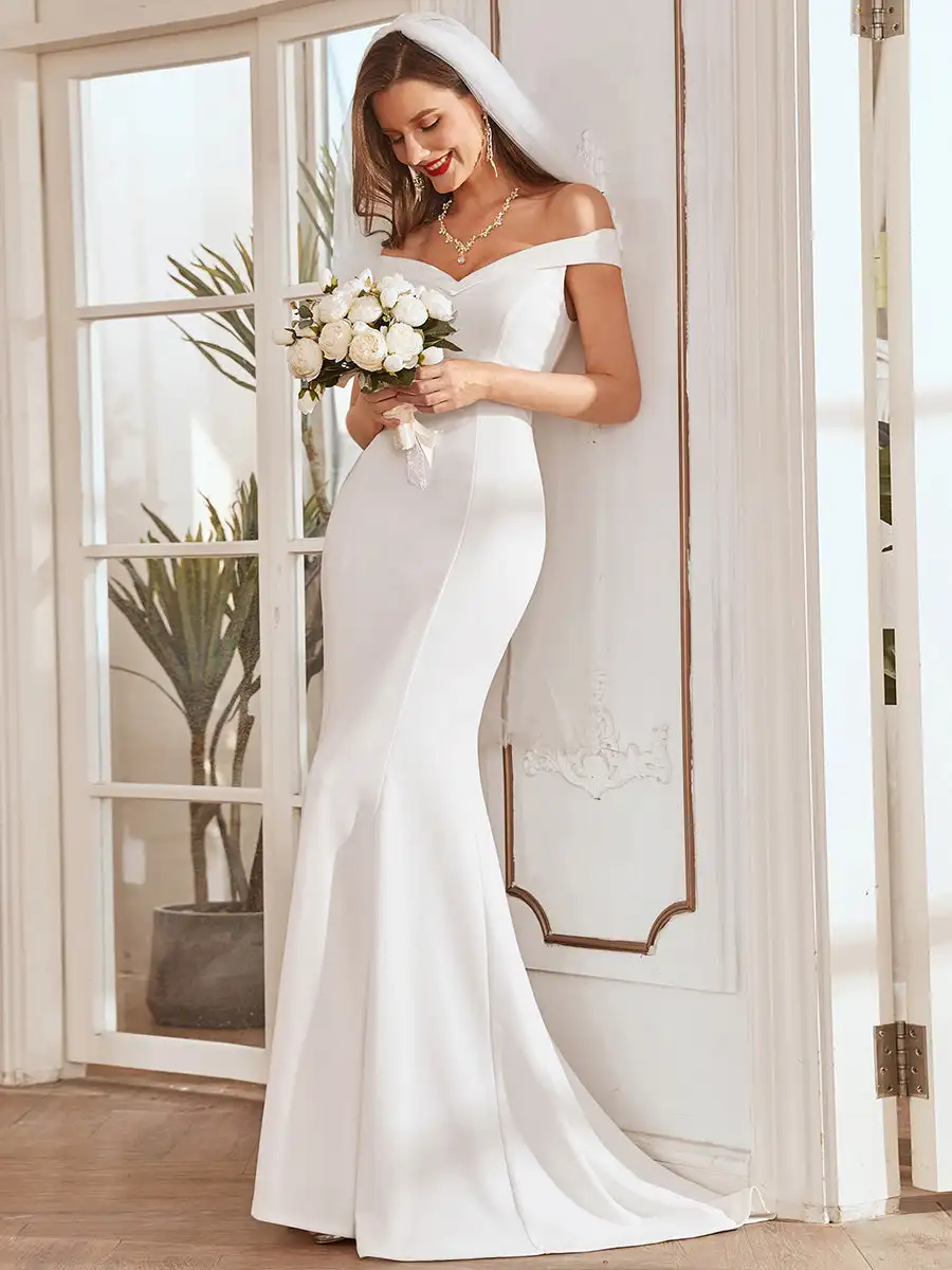 

BAZIIINGAAA Plain Solid Color Off Shoulder Mermaid Wedding Dress