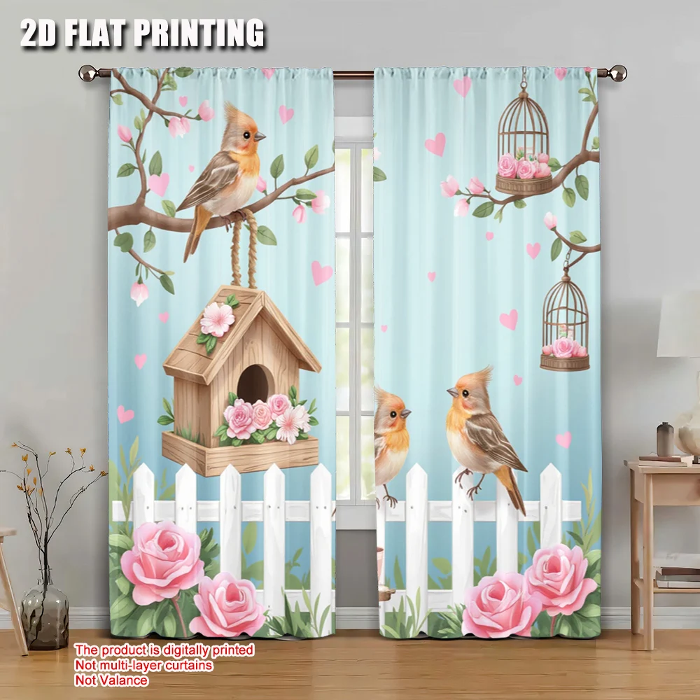 

2pcs 2D flat printing Party Window Curtains Birds Birdhouse Flowers Fence Hearts Machine Washable Polyester Without Electricity