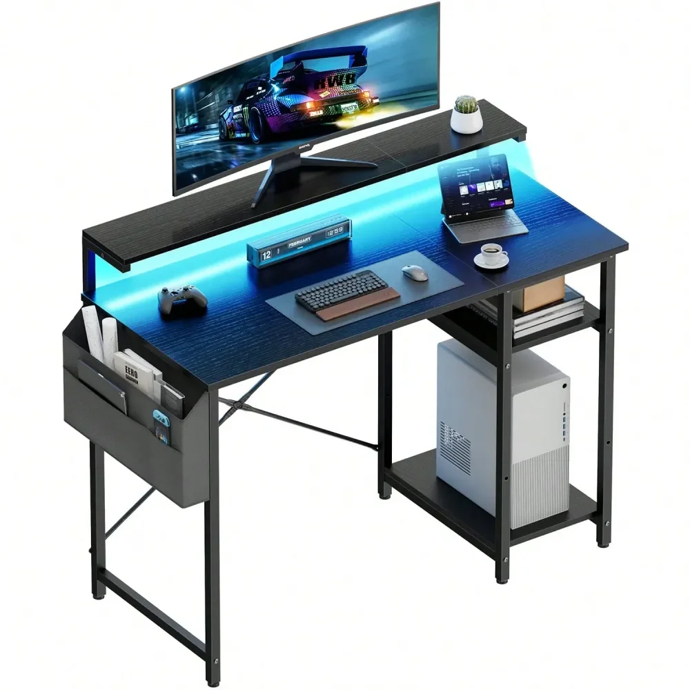 

Office Computer Desk With LED Light, Office Table With Monitor Stand For Home Office Use, Corner Desk With Large Storage Bag An