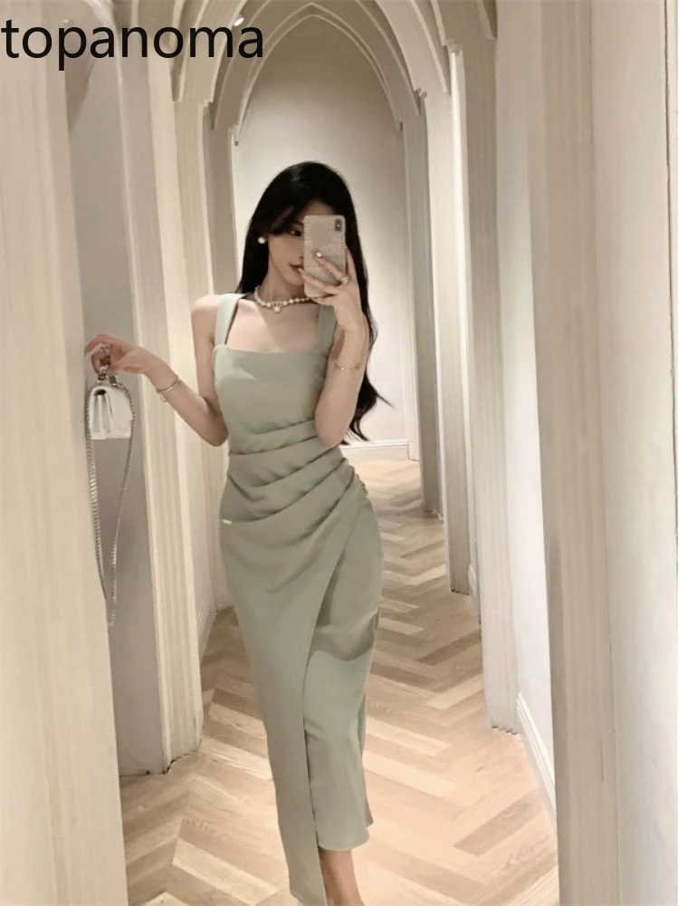 Topanoma Evening Dresses Women Sleeveless Sexy Square Collar Slim Elegant Split Cocktail Dress Wedding Party Fashion Bridesmaids