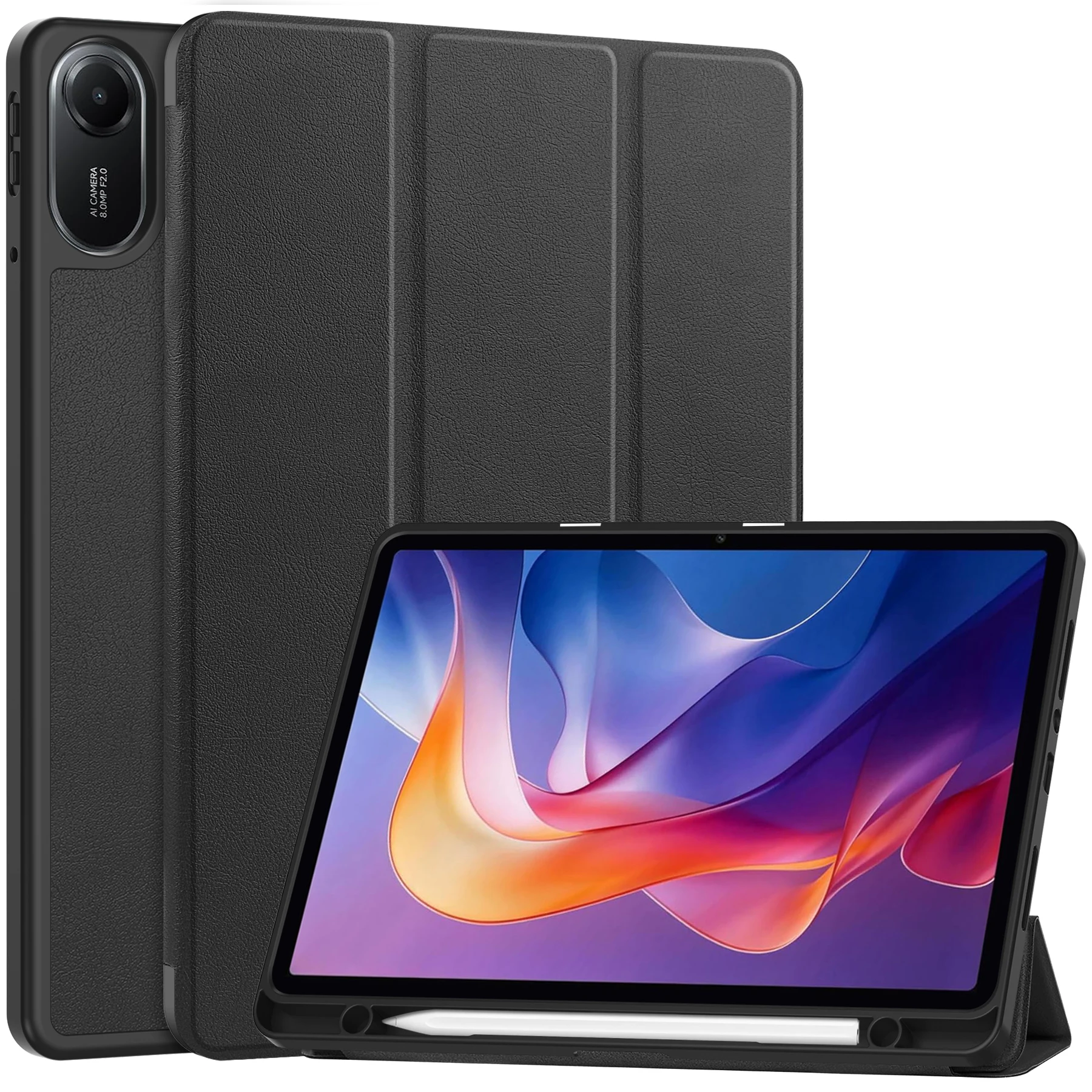 For Xiaomi Redmi Pad 2 Stand Case Shock-Absorbent Leather Tablet Cover with Pen Slot - Black