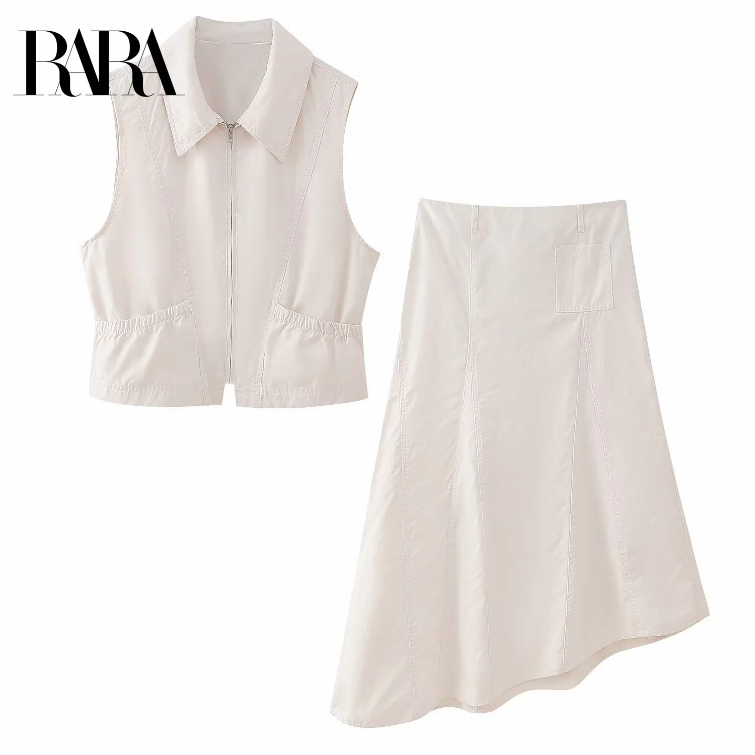 

RARA2025 женский летний новый стиль, модный жилет на молнии с лацканами, топ и асимметричная повседневная юбка средней длины с одним карманом