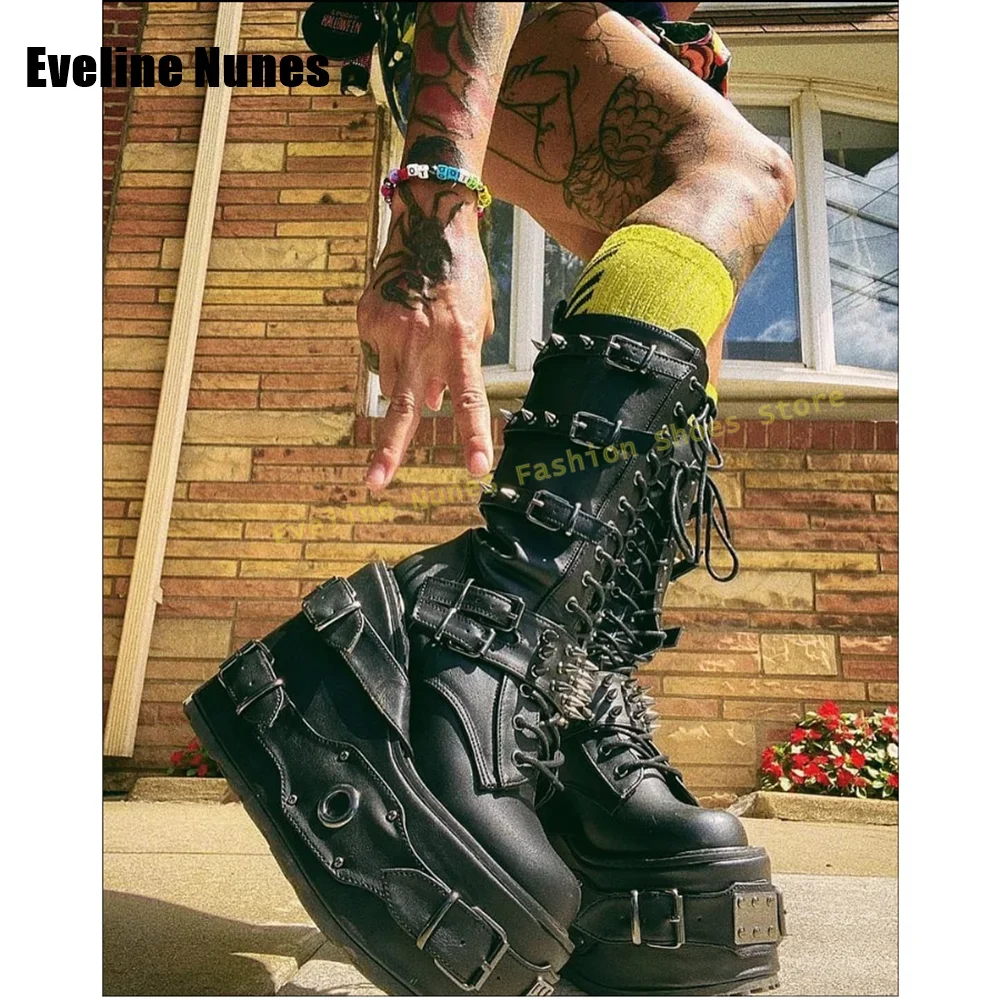 Gothic Style Heavy Work Shoes 2025 Metal Rivet Swing Platform Boots Round Toe Wedge Cross Tied Belt Buckle Punk Motorcycle Boots