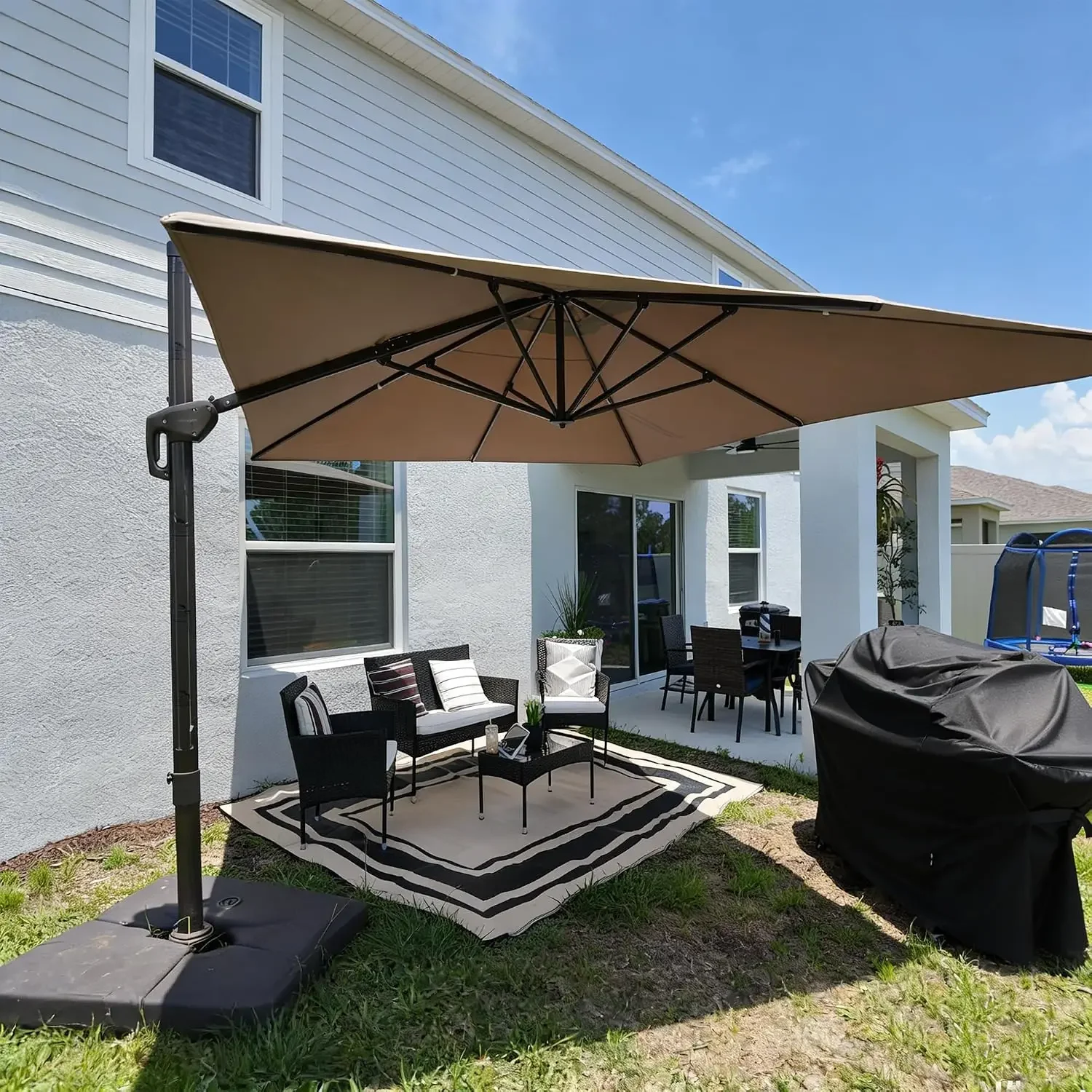 Outdoor Umbrella 9' X 11.5' Bronze 5 Level Tilt, Taupe | 8 Ribs hold firm in wind, Oversized shade coverage, Sizes to fit your s