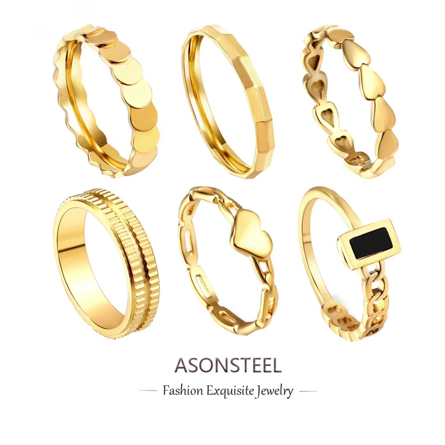 ASONSTEEL Size 6-9 Geometric Round Heart Circle Rings Gold Color Stainless Steel Ring For Women Men Simple Jewelry Trending 2023