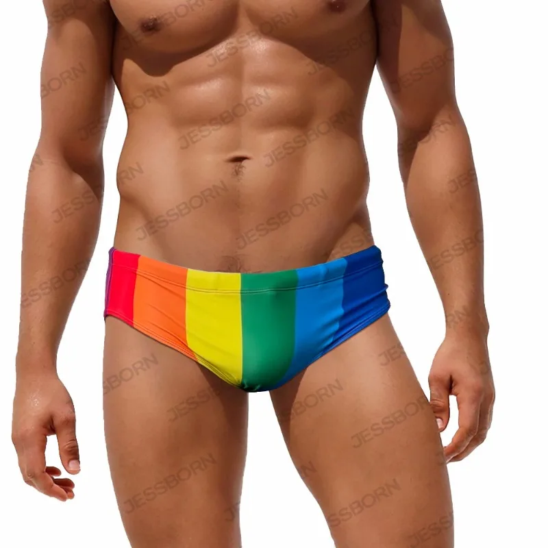 Men\'s Swimming Trunks Men Swimsuit Rainbow Coarse Stripes Swim Briefs Quick Drying Beach Shorts Board Surf Bathing Suit Swimwear