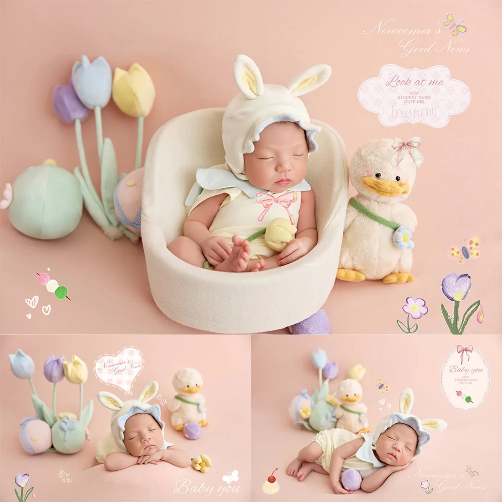 Sweet Pastel Newborn Bunny Costume Photography Props Cute Baby Photo Shoot Outfit Plush Flower&duck Decorative Props for Studio