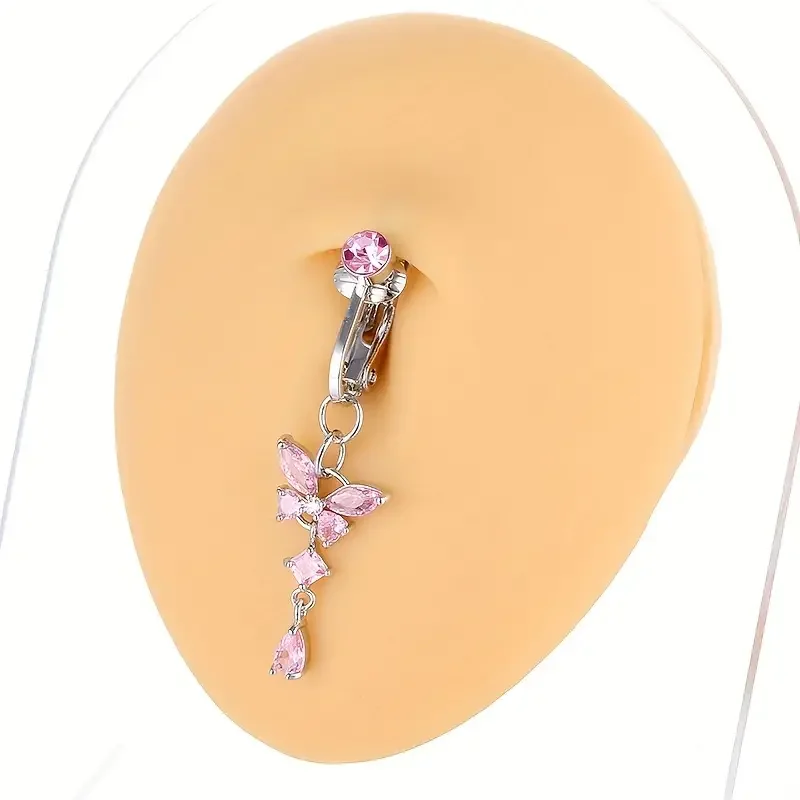 1 clavo de ombligo falso de mariposa rosa con incrustaciones de diamantes de cobre a la moda para mujer, joyería de Piercing