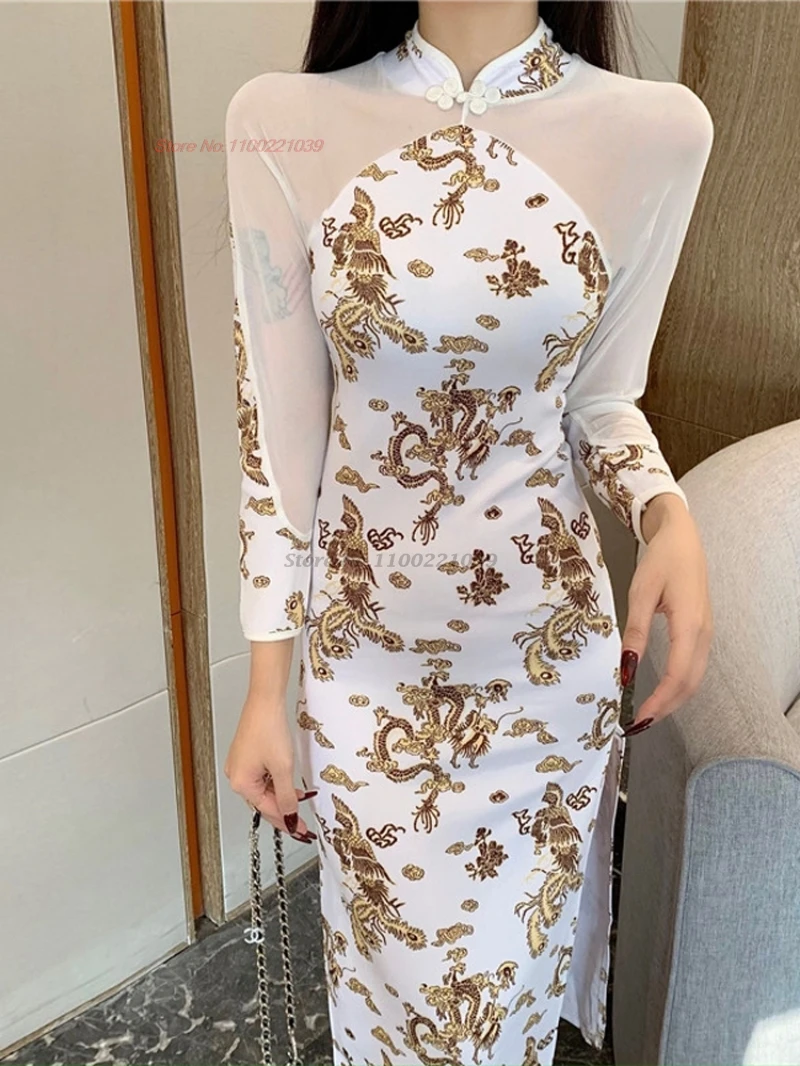 

2026 восточное платье для ночного клуба, улучшенное Cheongsam, национальный принт дракона, сетчатые рукава, Ципао, Cheongsam, сексуальное банкетное вечернее платье