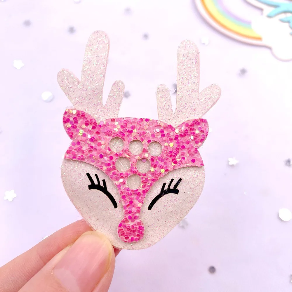 10pcs Felt Fabric Colorful Glitter Bepowder Cartoon Pink Deer Patch Applique Sewing DIY Hair Bow Craft Supplie Christmas Decor