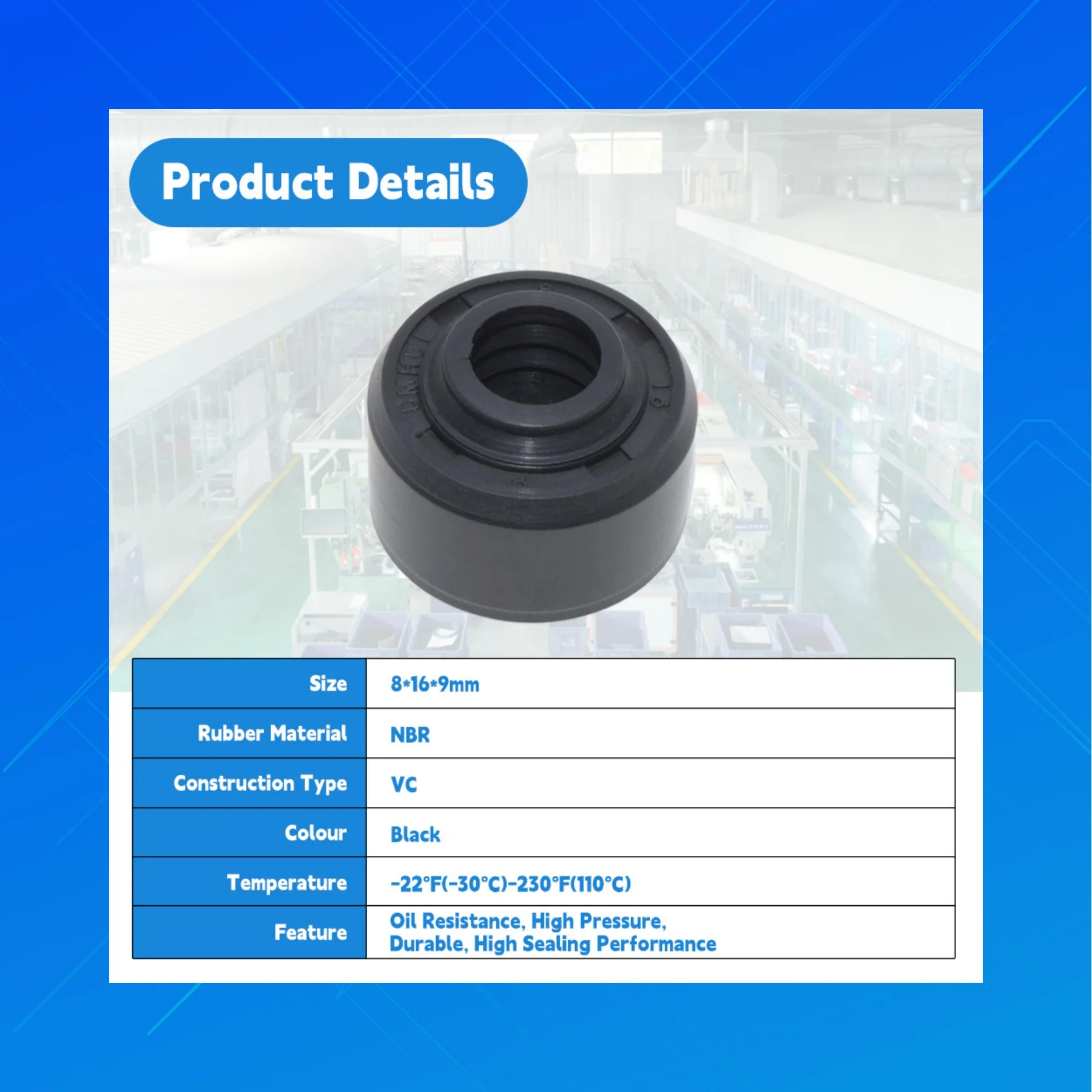 

DMHUI VC Type High Pressure NBR Rubber Oil Seal 8x16x9mm Wear Resistant Precision Size Rotary Shaft Sealing Replacement Parts